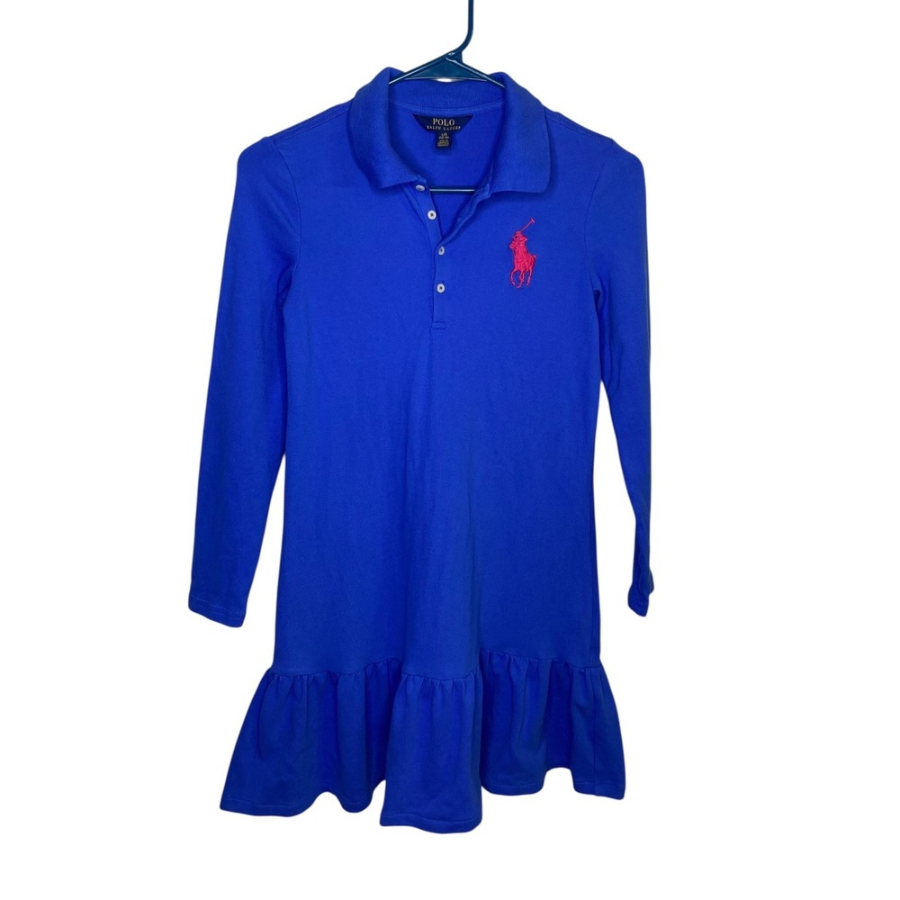 Polo Ralph Lauren Girls Blue Long Sleeve Ruffle Hem Polo Dress Big Pony L 12-14